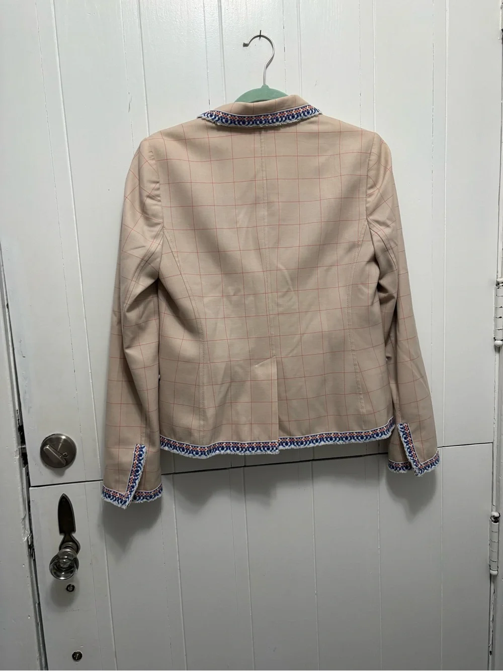 Tory Burch Beige Windowpane Trimmed Blazer Jacket